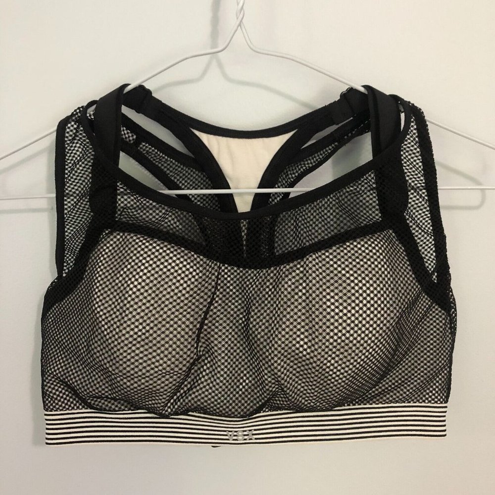 Victoria’s Secret VSX Angel Mesh Sports Bra 34C Black White Sexy Racerback EUC
